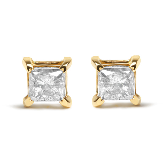 Pendientes de tuerca solitarios de oro amarillo de 10K con diamante de talla princesa de 5/8 Cttw y 4 puntas (color J-K, claridad I2-I3)