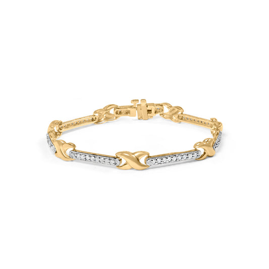 Pulsera de oro amarillo de 10 quilates con diamantes engastados en pavé de 1,00 quilates en total, diseño de barra y eslabones en X de 7" (color I-J, calidad I3)