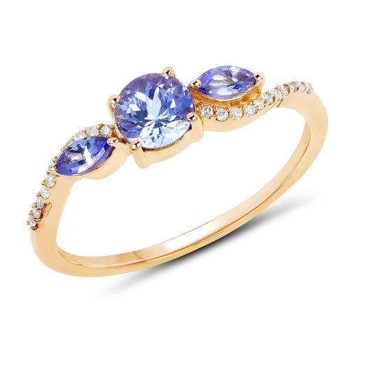 Anillo de tanzanita genuina de 0.70 quilates y diamante blanco en oro amarillo de 14K
