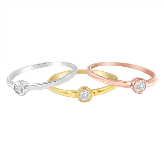 Juego de anillos apilables de promesa de plata de ley .925 con baño de oro de 14 quilates tricolor, diamantes redondos engastados en milagro de 1/6 quilates (color J-K, claridad I1-I2) - Talla 7