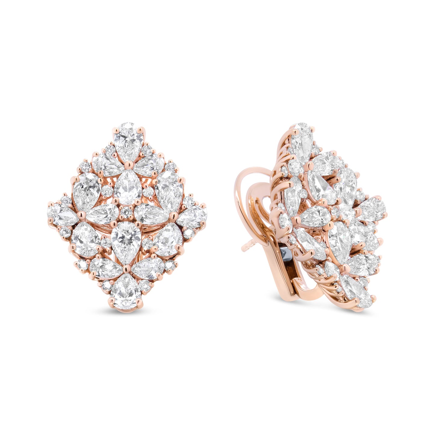 Pendientes Omega de racimo floral de perlas y diamantes redondos de oro rosa de 18 quilates y 8 1/3 Cttw (color F-G, claridad VS1-VS2)