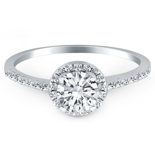 Anillo de compromiso con halo de diamantes en oro blanco de 14k