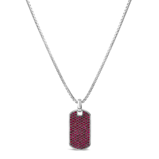 Collar con colgante de identificación militar de plata de ley .925 con rubí creado rojo para hombre - 22 pulgadas