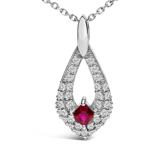 Collar con colgante de plata de ley .925 con rubí rojo creado y zafiro blanco en forma de pera - 18 pulgadas