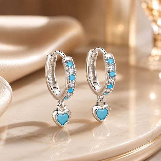 925 Sterling Silver Earrings with Synthetic Turquoise and CZ - White Gold Plated