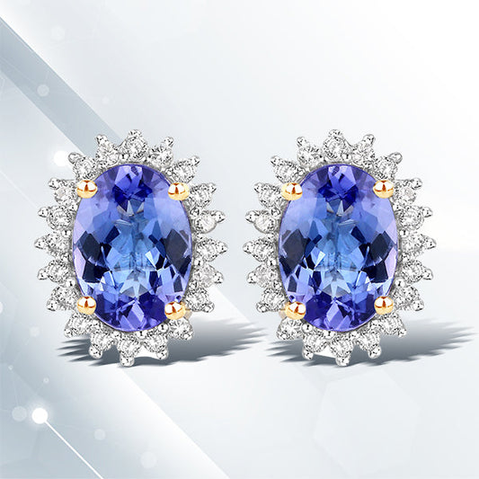 Pendientes de oro amarillo de 14 quilates con tanzanita auténtica de 1,71 quilates y diamantes blancos