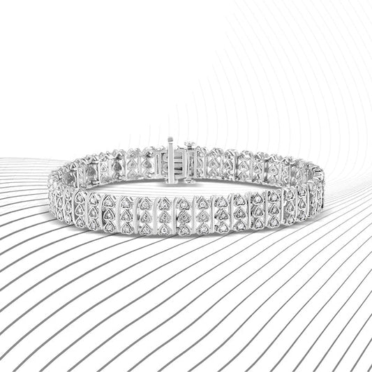 Brazalete de eslabones de corazón de múltiples filas con diamantes de plata esterlina .925 de 1,00 Cttw (color H-I, claridad I1-I2) - 7,25" pulgadas