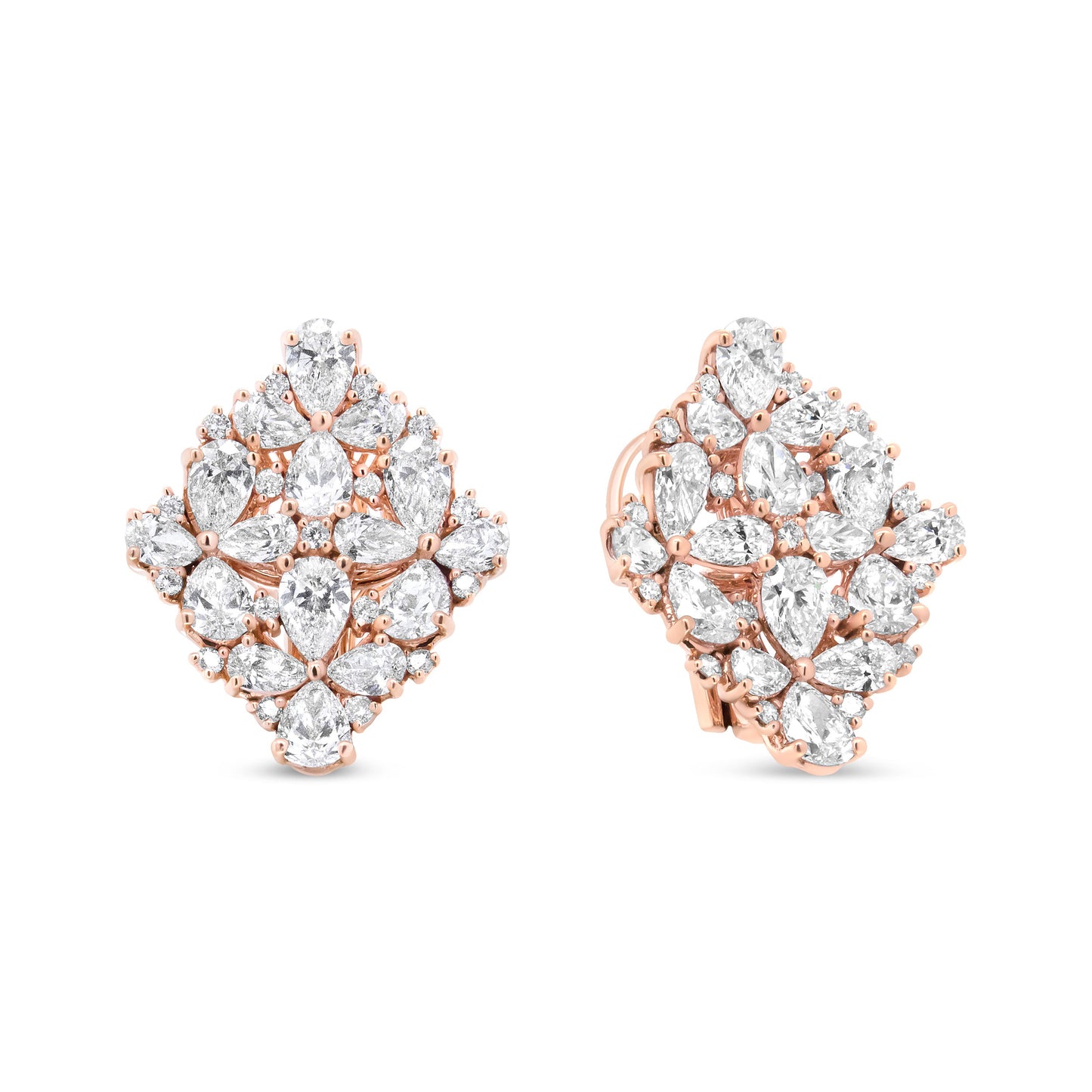 Pendientes Omega de racimo floral de perlas y diamantes redondos de oro rosa de 18 quilates y 8 1/3 Cttw (color F-G, claridad VS1-VS2)
