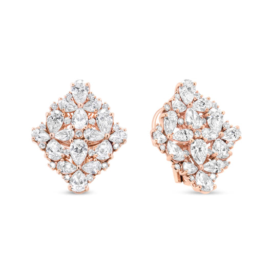 Pendientes Omega de racimo floral de perlas y diamantes redondos de oro rosa de 18 quilates y 8 1/3 Cttw (color F-G, claridad VS1-VS2)