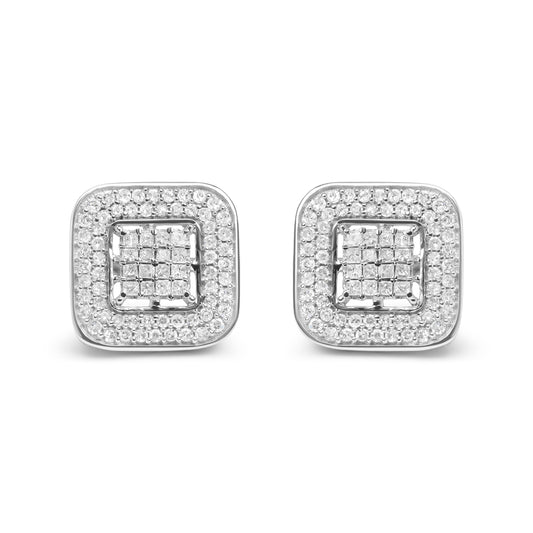 Pendientes de tuerca de halo abierto de oro blanco de 10 quilates con diamantes redondos y de talla princesa de 1,0 quilates (color H-I, claridad SI1-SI2)