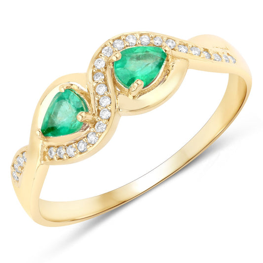 Anillo de oro amarillo de 14 quilates con esmeralda zambiana auténtica de 0,35 quilates y diamantes blancos