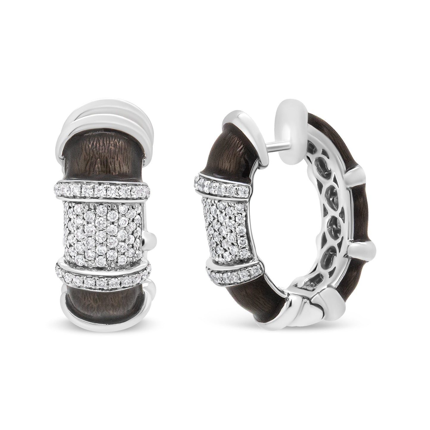 Pendientes de aro Huggie de plata de ley .925 con baño de oro blanco de 18 quilates, esmalte gris grafito transparente y diamantes redondos de 5/8 Cttw (color F-G, claridad VS1-VS2)