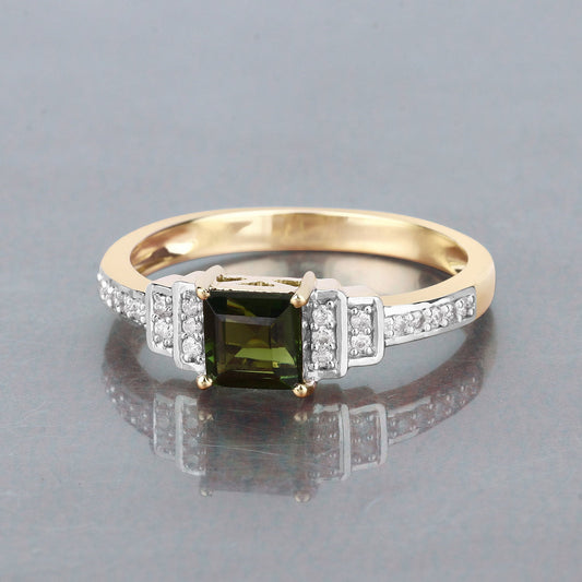 Anillo de oro amarillo de 14K con turmalina verde genuina de 0.72 quilates y diamantes blancos