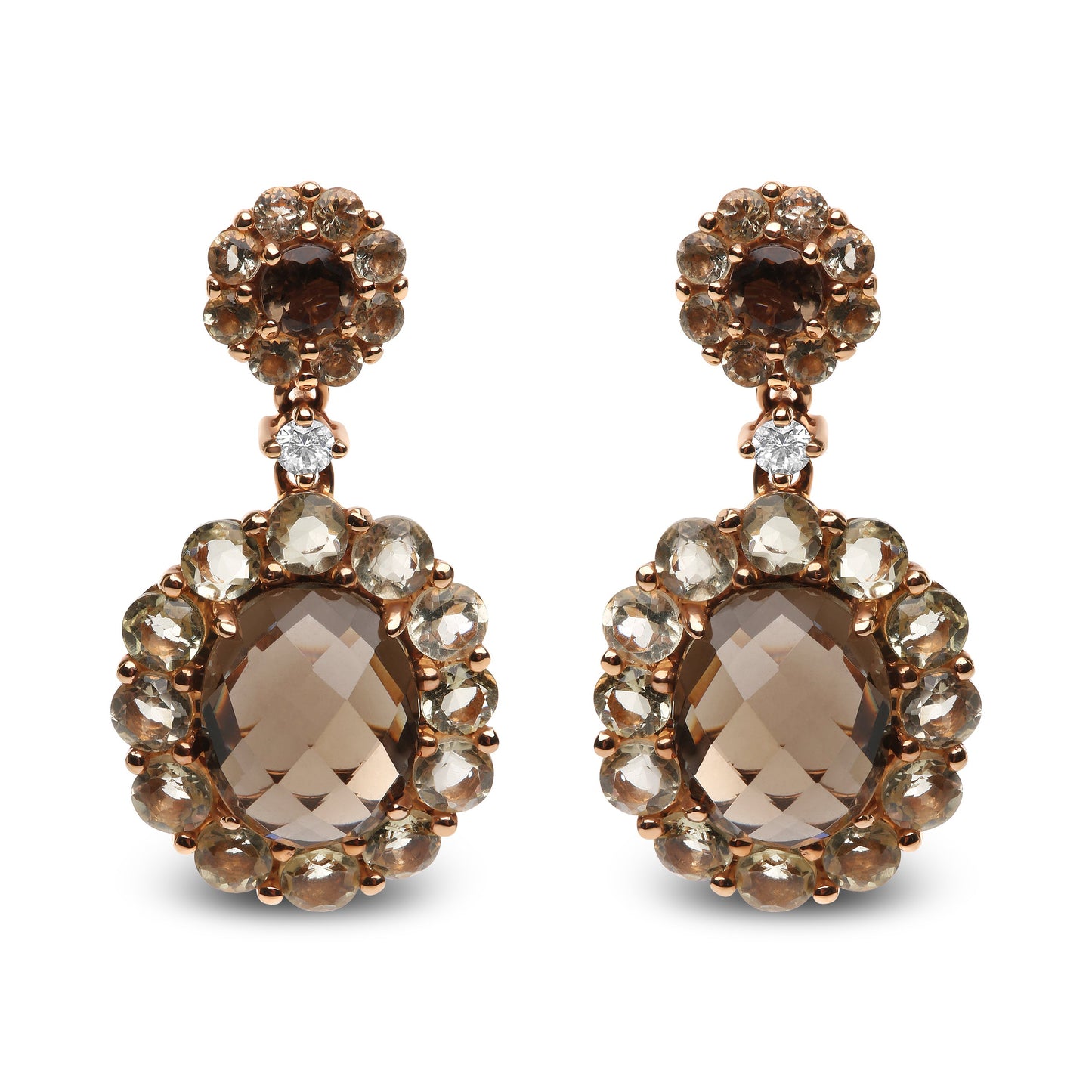 Pendientes colgantes de cuarzo de color limón y ahumado ovalado con acento de diamante de oro rosa de 18 quilates (color G-H, claridad SI1-SI2)