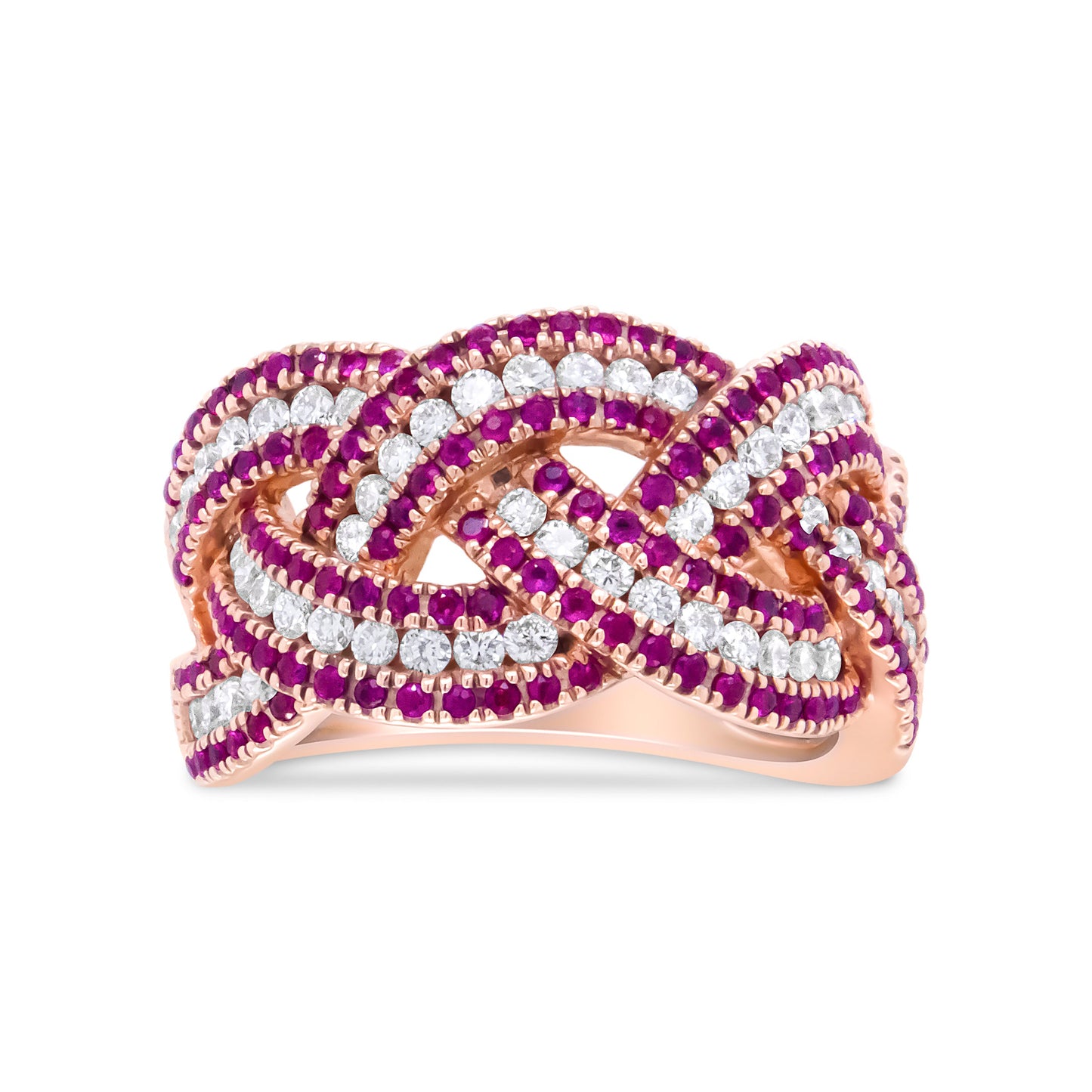 Anillo de banda trenzada de oro rosa de 18 quilates con rubí rojo y diamantes de 7/8 quilates (color F-G, claridad VS1-VS2) - Talla de anillo 7