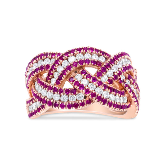 Anillo de banda trenzada de oro rosa de 18 quilates con rubí rojo y diamantes de 7/8 quilates (color F-G, claridad VS1-VS2) - Talla de anillo 7