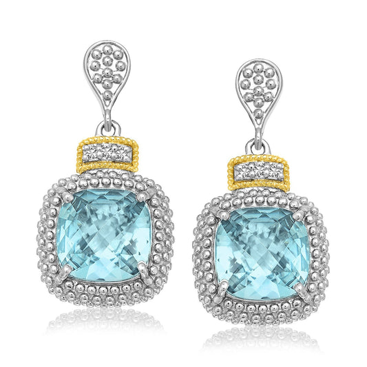18k Yellow Gold & Sterling Silver Sky Blue Topaz & Diamond Earrings (.05cttw) - view 2