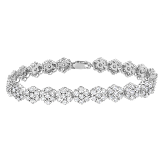 Pulsera de Eslabones de Plata de Ley .925 con Racimo Floral de 7 Piedras y Diamantes de 2.0 cttw (Color I-J, Claridad I3) - 7.25"