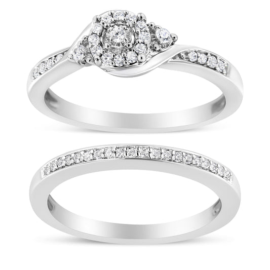 Anillo de compromiso y conjunto de alianzas de plata de ley 925 con halo de diamantes de 1/4 Cttw y diseño en espiral (color I-J, claridad I3) - Talla 7