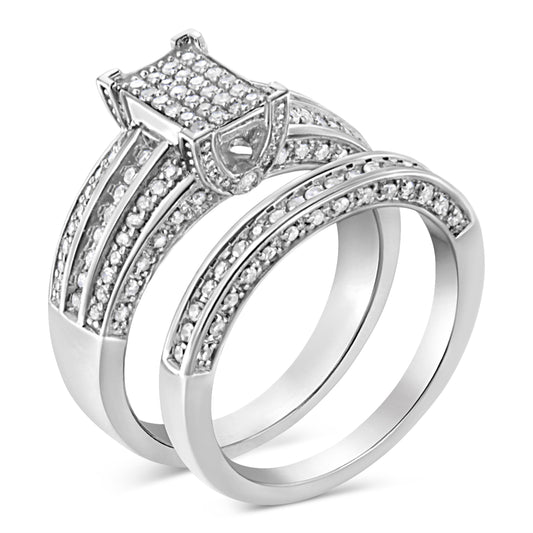 Anillo de compromiso y conjunto de banda de diamantes redondos engastados en garras de plata de ley .925 de 0.75 quilates (Color I-J, Claridad I3) - Talla 6.5