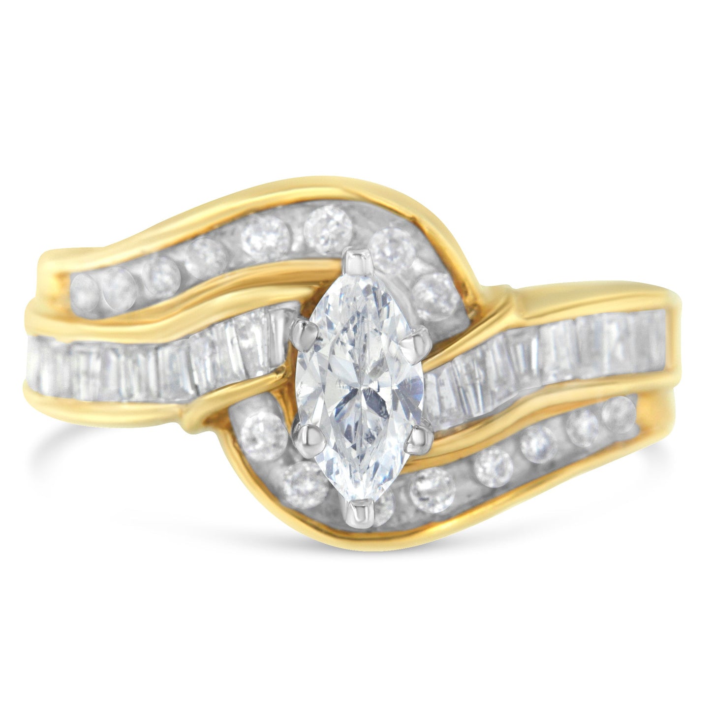 Anillo de oro bicolor de 14 K con diamantes talla marquesa, baguette y redonda (1 qt total, color H-I, claridad SI1-SI2) (Talla 7)