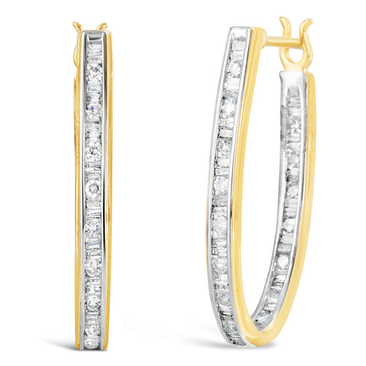 Aretes de aro en U de oro amarillo de 10K con diamantes redondos y de talla baguette de 1.00 Cttw (color H-I, claridad SI2-I1)