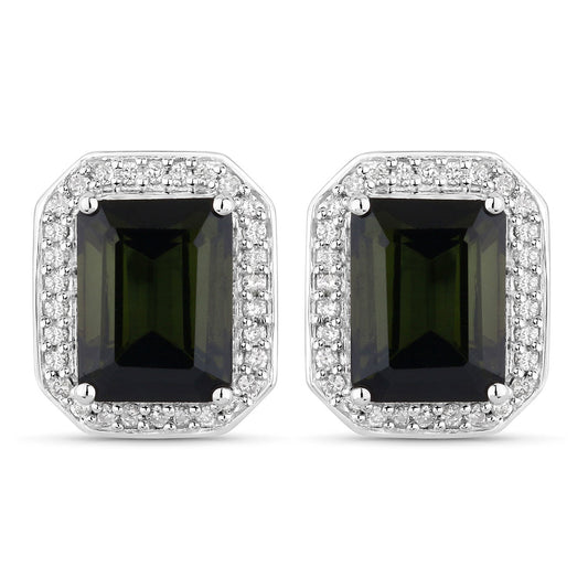 Pendientes de oro blanco de 14 quilates con turmalina verde genuina de 3.57 quilates y diamantes blancos