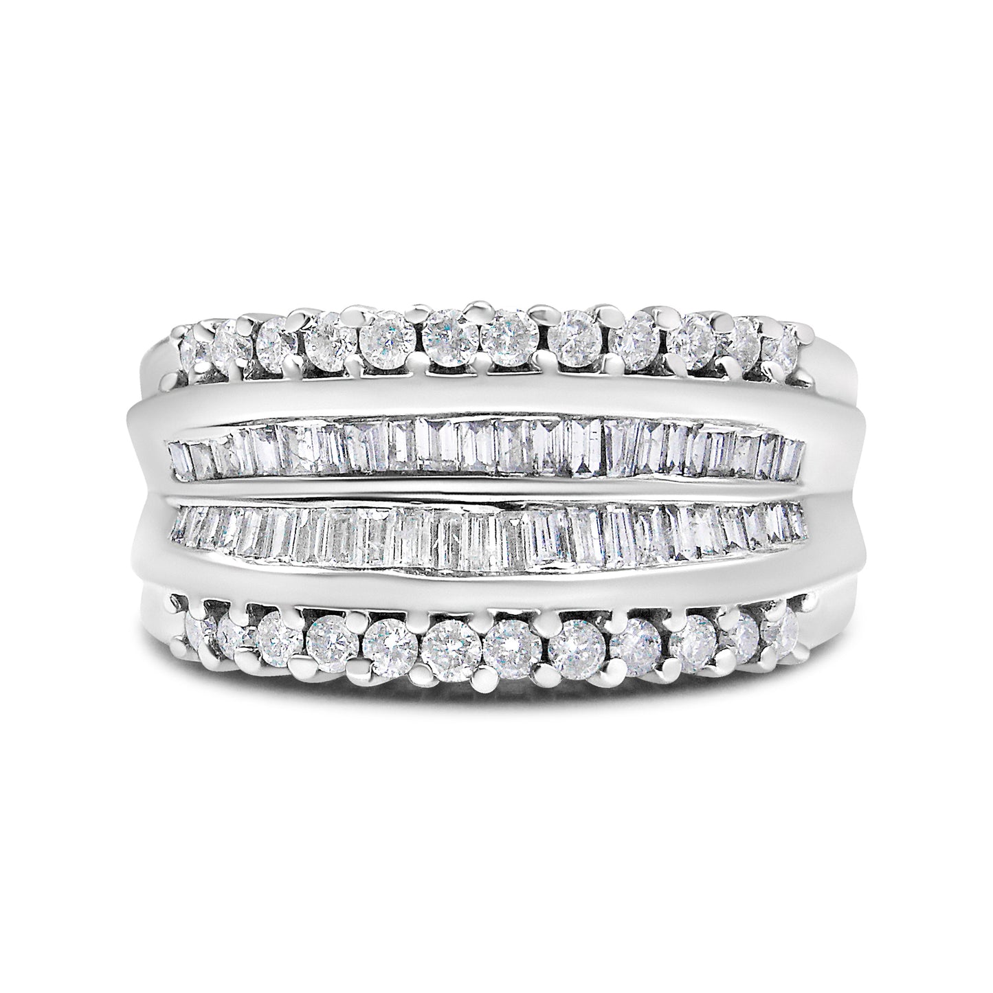 Anillo de banda moderno de oro blanco de 14 quilates con diamantes redondos y talla baguette de 1,00 quilates en total (color H-I, claridad SI2-I1) - Talla 7