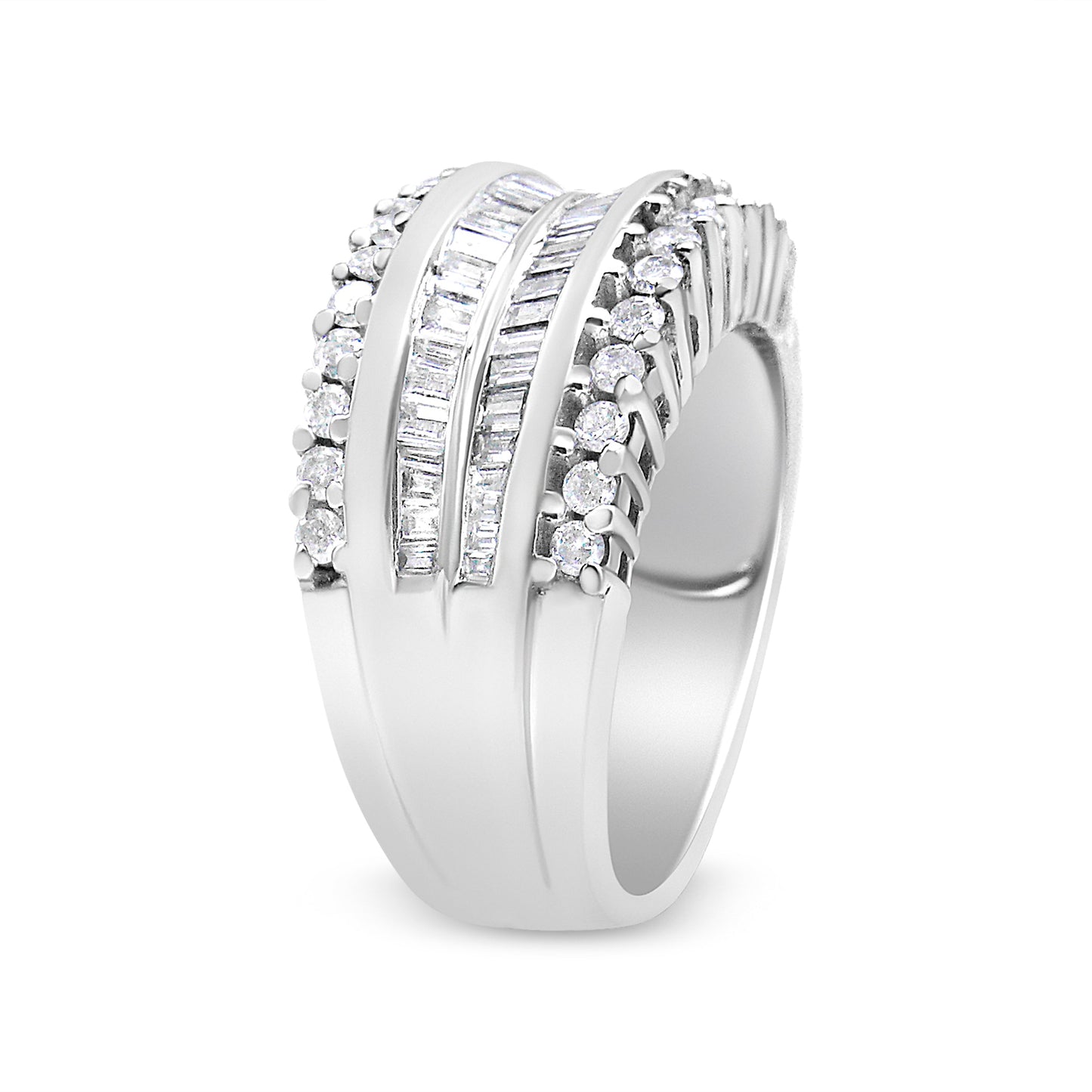 Anillo de banda moderno de oro blanco de 14 quilates con diamantes redondos y talla baguette de 1,00 quilates en total (color H-I, claridad SI2-I1) - Talla 7