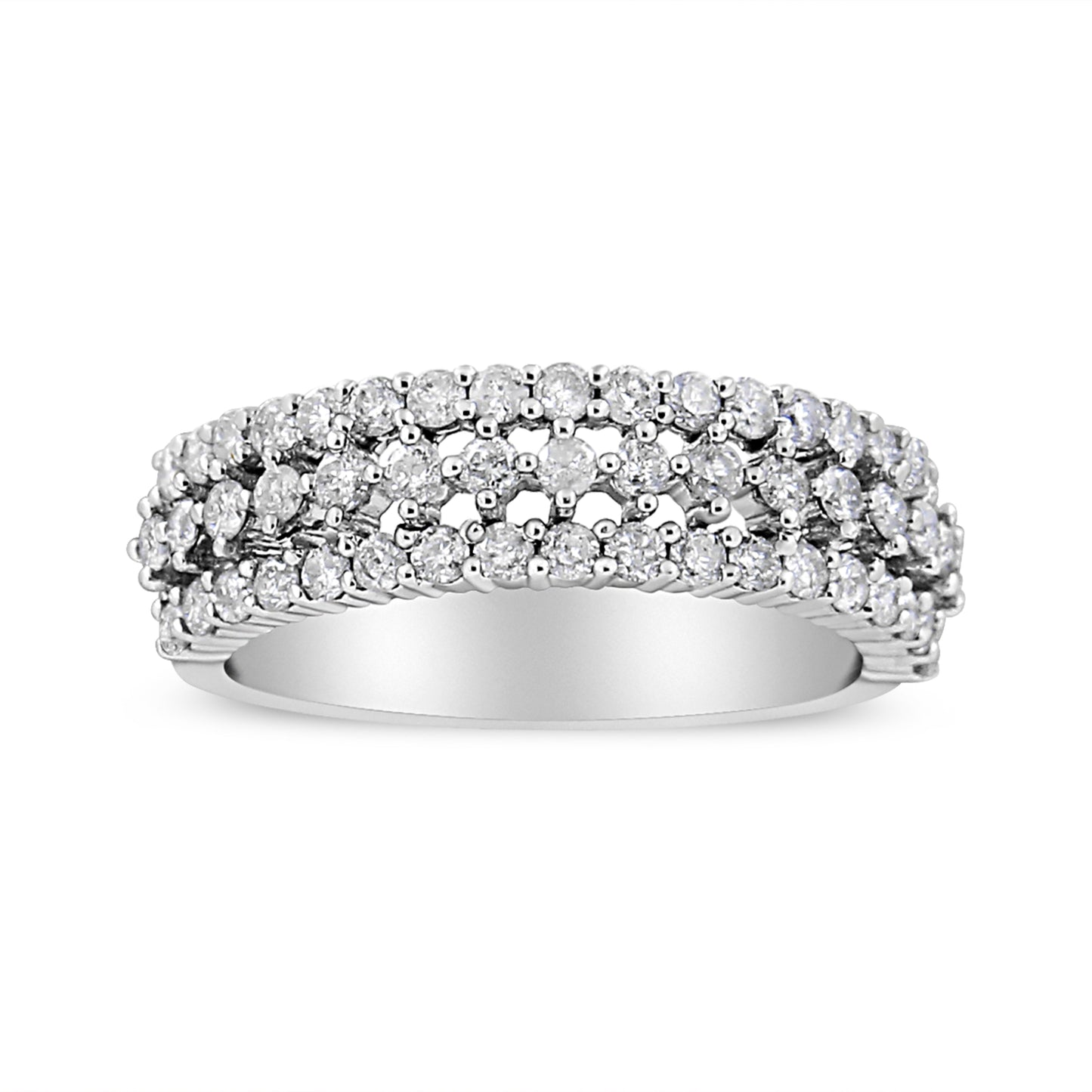 14K White Gold 1.0 Cttw Prong Set Round Diamond Split Shank Three Row Band Ring (H-I Color, I2-I3 Clarity) - Size 6