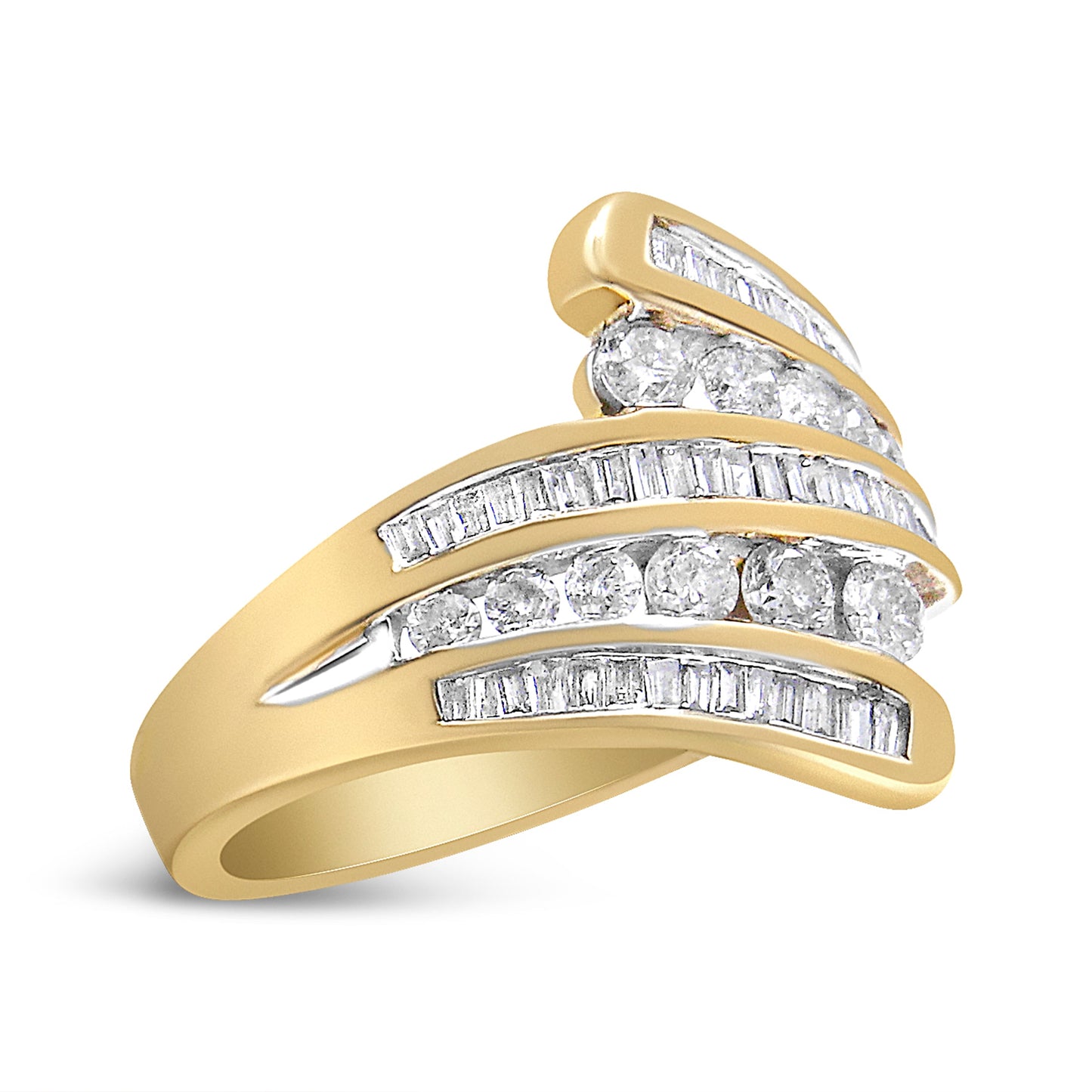 Anillo tipo banda de oro amarillo de 10 qt con diamantes redondos y talla baguette de 1 quilate (Color H-I, Claridad I1-I2) - Talla de anillo 7