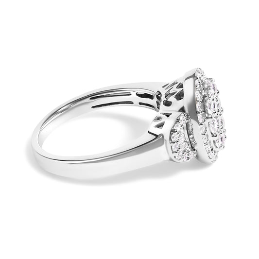 Anillo llamativo de estilo Art Decó inspirado en lo vintage de oro blanco de 10K con racimo ovalado de diamantes de 1,0 Cttw con halo y 3 piedras (color G-H, claridad SI1-SI2) - Talla 7