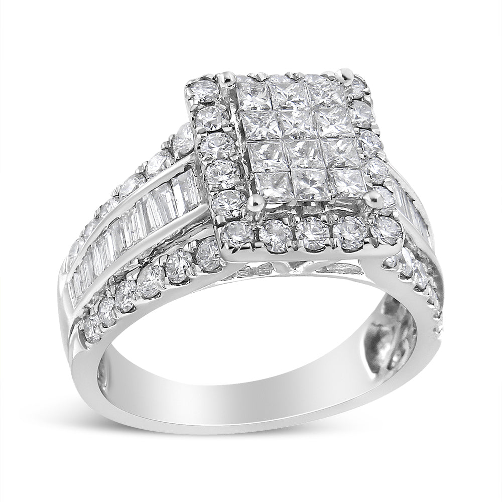 Anillo de diamantes de oro blanco de 14K, 2,00 Cttw, cabezal compuesto con halo y piedras laterales (color H-I, claridad SI1-SI2) - Talla 7