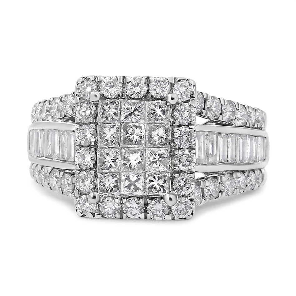 Anillo de diamantes de oro blanco de 14K, 2,00 Cttw, cabezal compuesto con halo y piedras laterales (color H-I, claridad SI1-SI2) - Talla 7