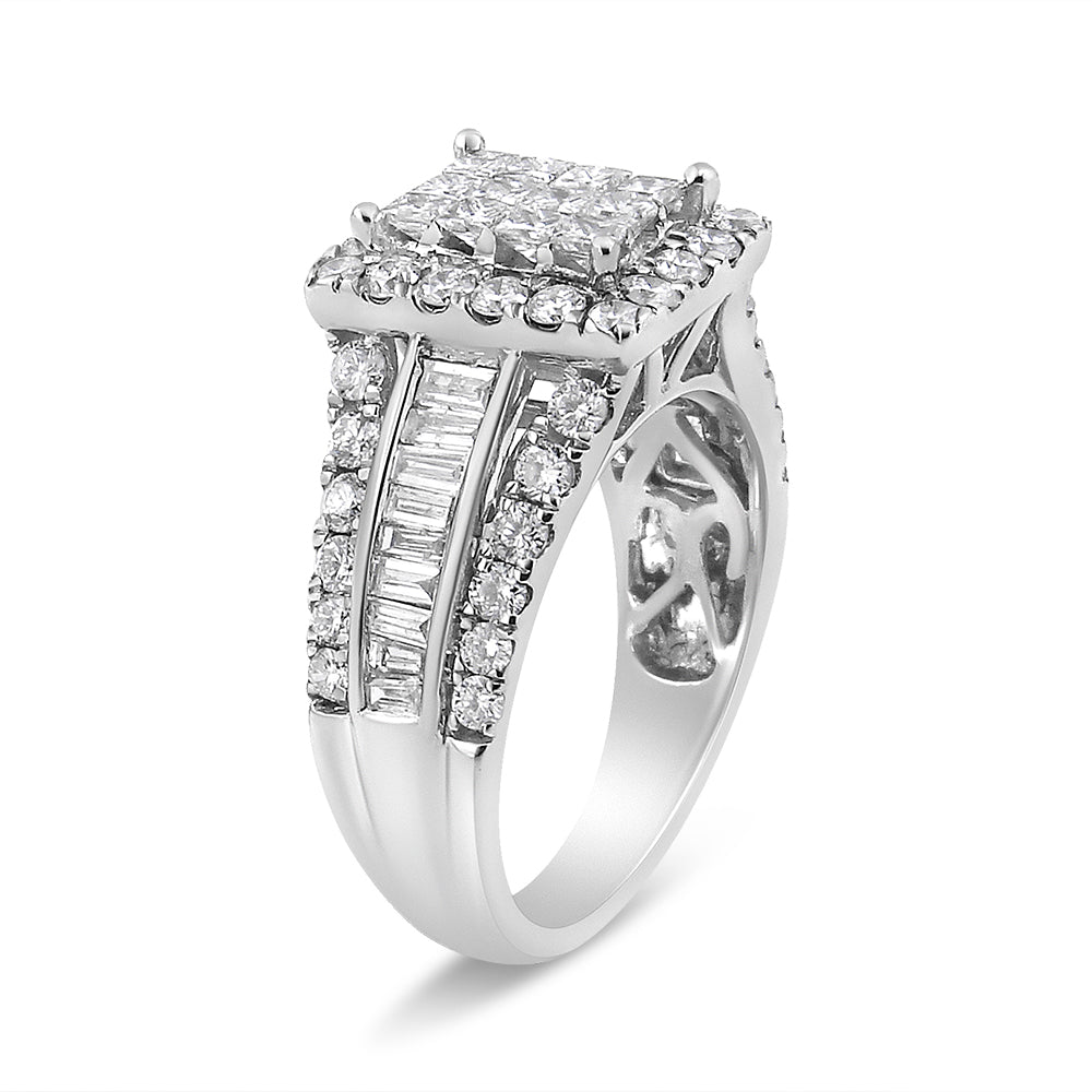 Anillo de diamantes de oro blanco de 14K, 2,00 Cttw, cabezal compuesto con halo y piedras laterales (color H-I, claridad SI1-SI2) - Talla 7