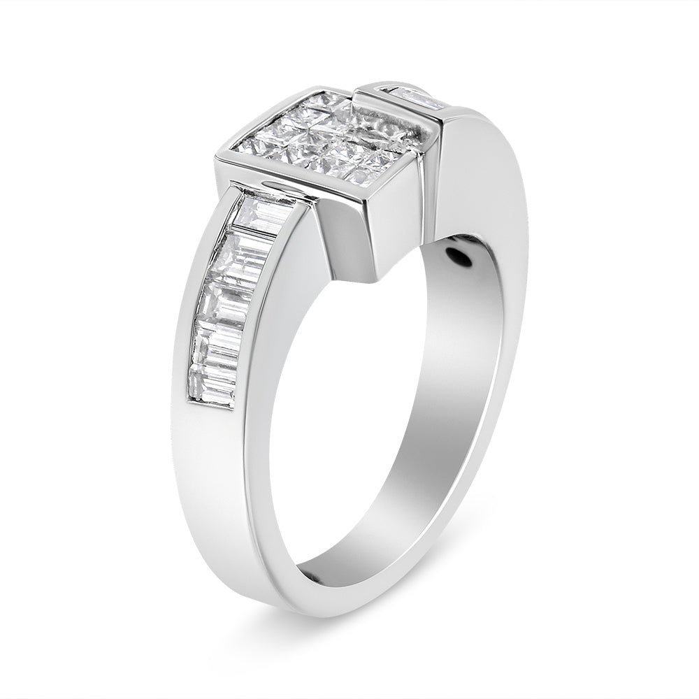 Anillo de oro blanco de 14K con diamantes de talla princesa engastados de forma invisible y diamantes de talla baguette engastados en canal, con diseño geométrico y banda cruzada (color G-H, claridad SI2-I1) - Talla 7