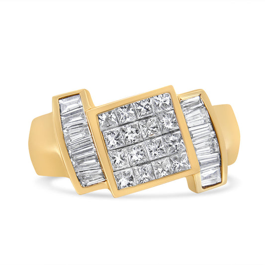 Anillo de oro amarillo de 14 quilates con diamantes engastados invisibles, corte princesa y baguette, de 1 5/8 quilates, tipo cóctel