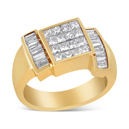 Anillo de oro amarillo de 14 quilates con diamantes engastados invisibles, corte princesa y baguette, de 1 5/8 quilates, tipo cóctel