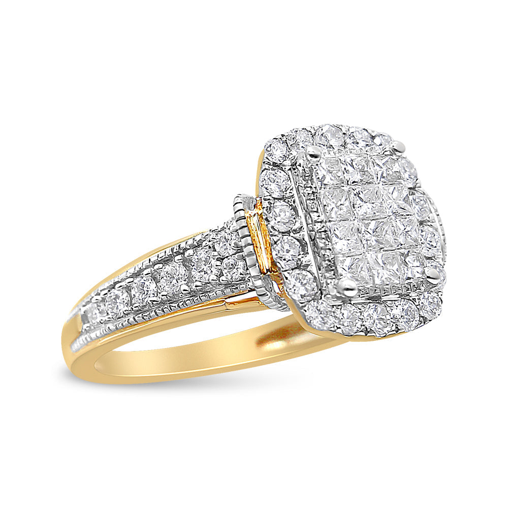 Anillo de oro amarillo y blanco de 14 K con 1,00 quilates en total de diamantes de talla princesa y redonda en forma de esmeralda, halo y racimo (claridad SI1-SI2, color H-I) - Talla 7
