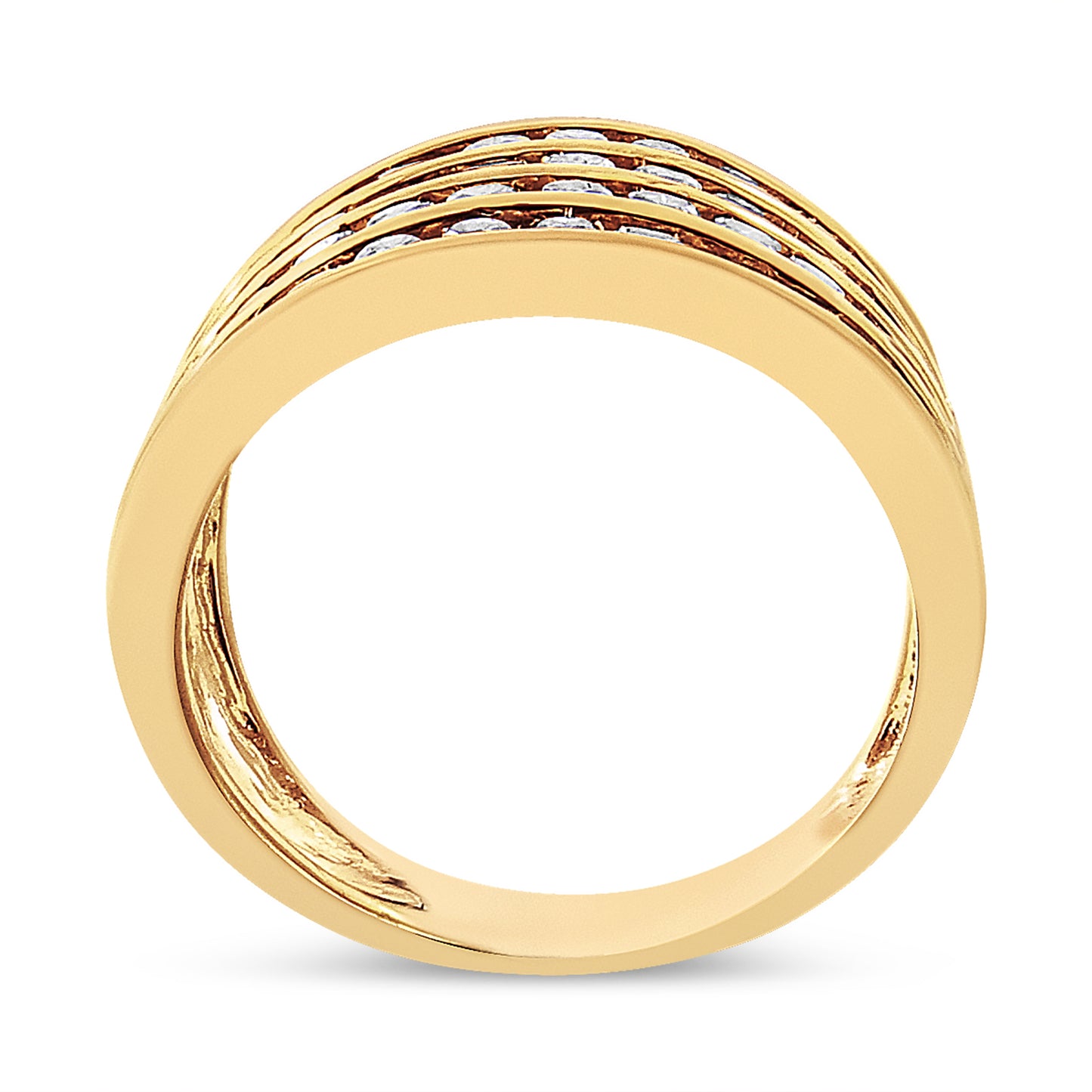 Anillo de banda de canal de 4 filas de oro amarillo de 10 quilates chapado en plata de ley .925 con diamantes de 1 1/2 quilates (color champán, claridad I2-I3) talla 7