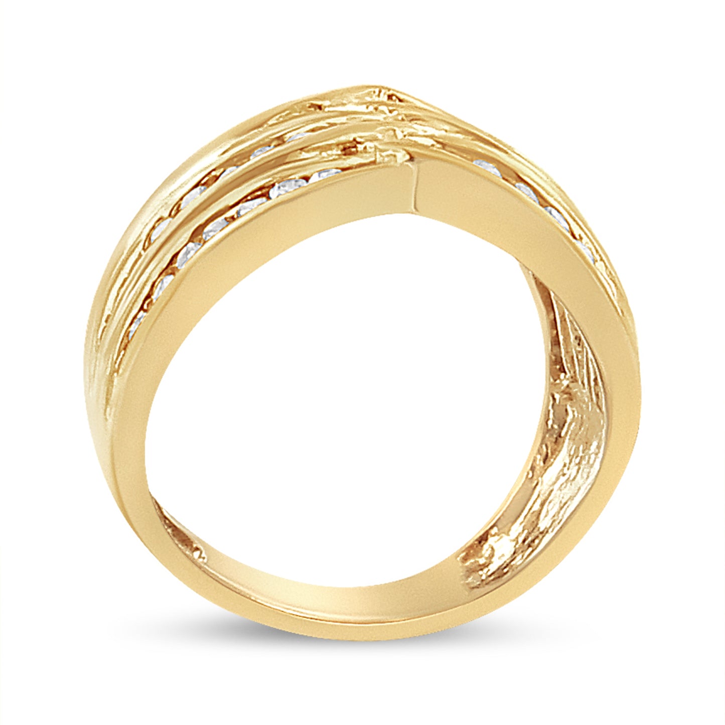 Anillo de oro amarillo de 10 qt chapado en plata de ley .925 con canal de diamantes de 1 1/2 quilates (color champán, claridad I2-I3), talla 7