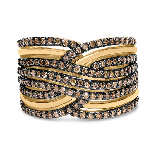 Anillo de banda cruzada de oro amarillo de 10K chapado en plata de ley .925 con diamantes color champán de 1.0 quilates - Talla 7