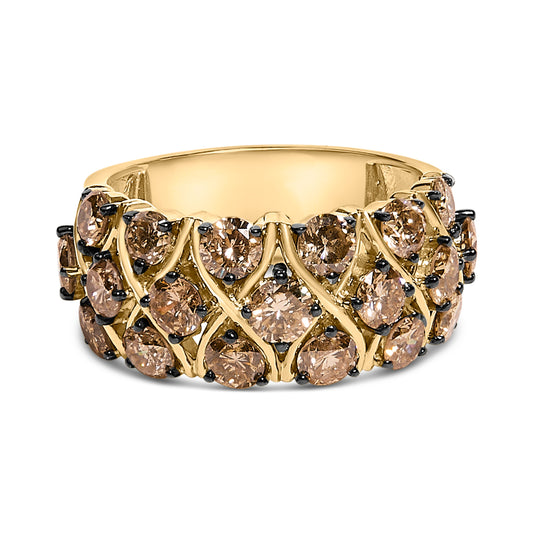 Anillo de banda con celosía múltiple de oro amarillo de 10 quilates chapado en plata de ley 925 con diamantes color champán de 3.0 quilates - Talla 7
