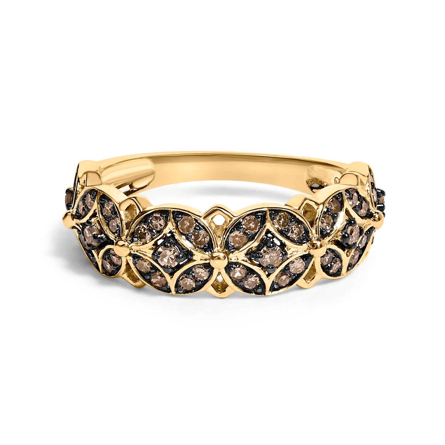 10K Yellow Gold Plated .925 Sterling Silver 3/8 Cttw Champagne Diamond Lattice Work Band Ring - Size 7