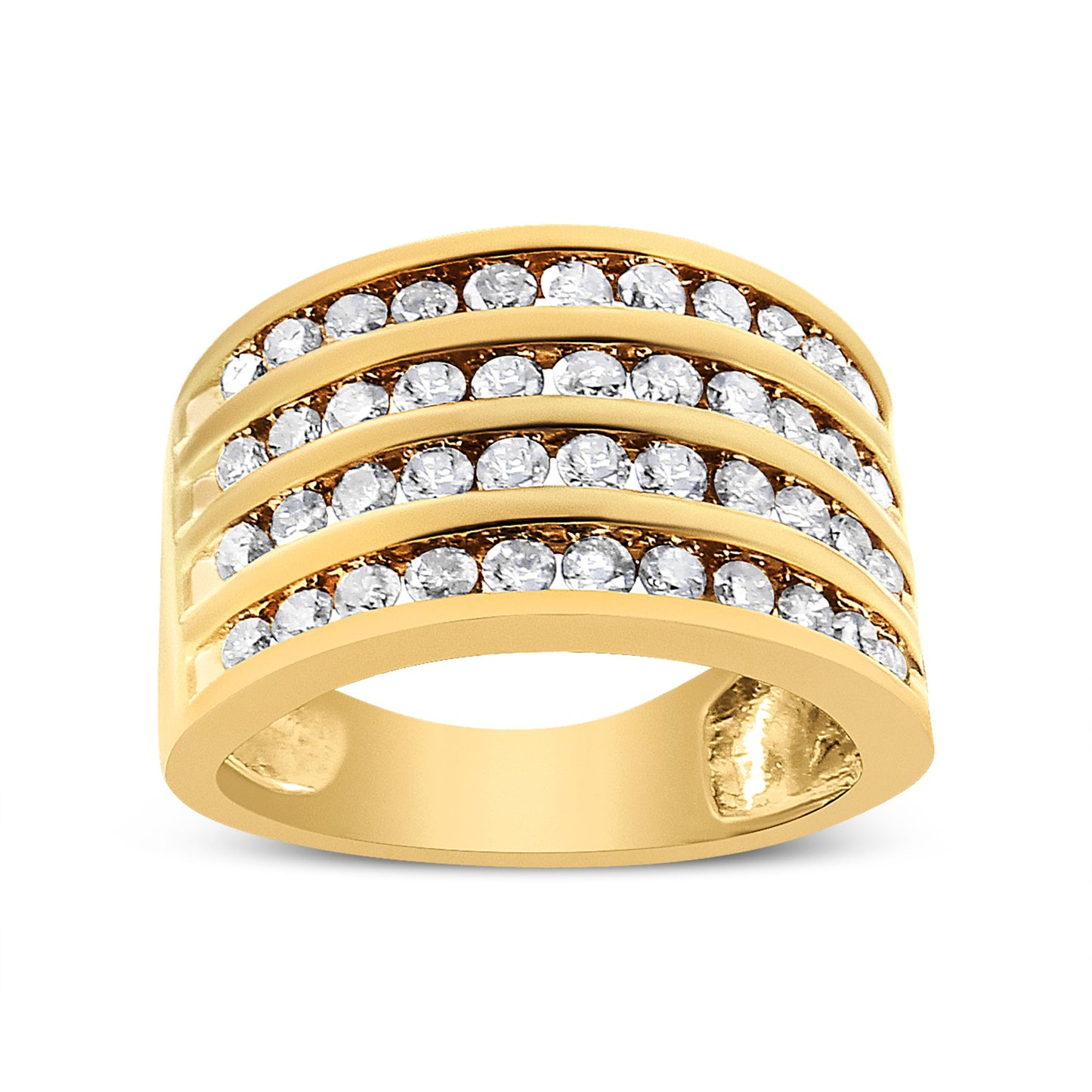 Anillo de banda de canal de 4 filas de oro amarillo de 10 quilates chapado en plata de ley .925 con diamantes de 1 1/2 quilates (color champán, claridad I2-I3) talla 7