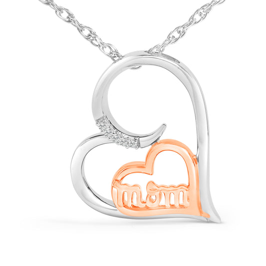 Collar con colgante de corazón para mamá con acento de diamante de plata de ley chapado en oro rosa de 14 quilates