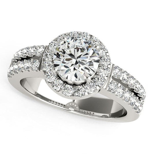 Anillo de compromiso con halo de diamantes en oro blanco de 14 quilates y banda de doble fila (1 3/8 quilates de peso total)
