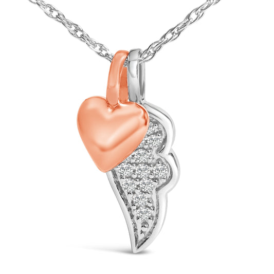 Collar con colgante de corazón y alas de plata esterlina chapada en oro rosa de 14 quilates y diamantes de 1/10 Cttw