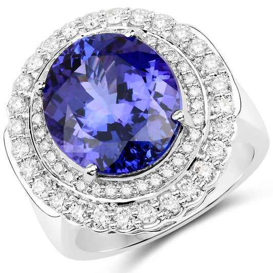 Anillo de oro blanco de 18 quilates con tanzanita genuina de 10,79 quilates y diamantes blancos