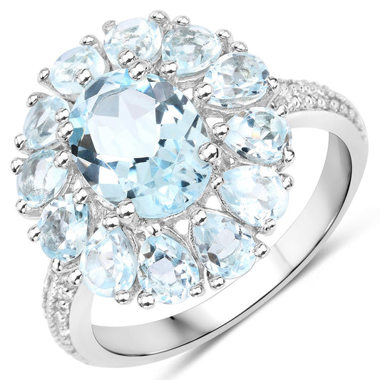 Juego de joyas de 3 piezas de plata de ley .925 con topacio azul genuino y topacio blanco de 14,02 quilates (anillo, pendientes y colgante con cadena)